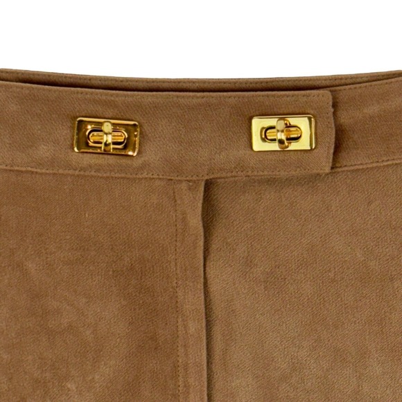 J. McLaughlin Faux Suede Brown Skirt. Gold Tone Turn Lock Accents Pockets. Sz 10 - Picture 2 of 7